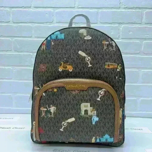MICHAEL KORS BACKPACK JAYCEE LARGE ZIP JET SET GIRLS PRINT BROWN MULTI - Picture 11 of 11
